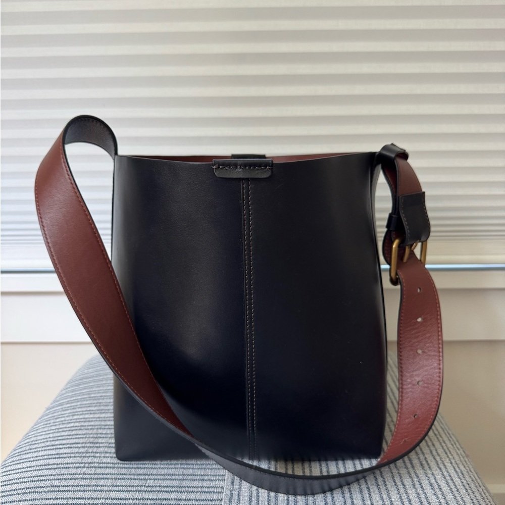 soeur Black Leather Bucket Shoulder Bag with Brown Strap